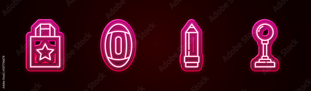 Set line Paper shopping bag, American Football ball, Pencil with eraser and Joystick for arcade machine. Glowing neon icon. Vector Set line Paper shopping bag, American Football ball, Pencil with eraser and Joystick for arcade machine. Glowing neon icon. Vector