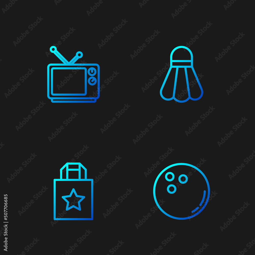 Set line Bowling ball, Paper shopping bag, Retro tv and Badminton shuttlecock. Gradient color icons. Vector Set line Bowling ball, Paper shopping bag, Retro tv and Badminton shuttlecock. Gradient color icons. Vector