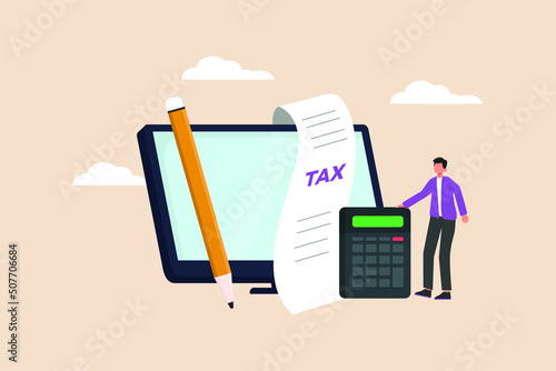Businessman completed tax filing form and calculating tax with calculator. Wealth management concept. Colored flat graphic vector illustration isolated.