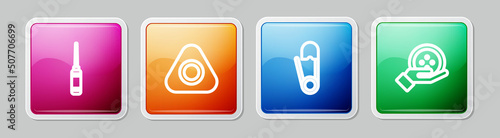 Set line Awl tool, Sewing chalk, Safety pin and button. Colorful square button. Vector