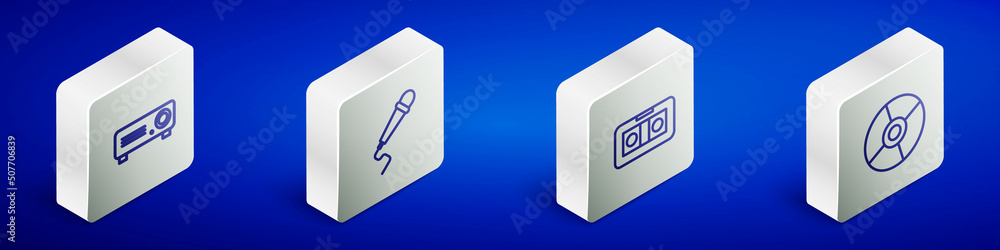 Set Isometric line Movie, film, media projector, Microphone, VHS video cassette tape and CD DVD disk icon. Vector Set Isometric line Movie, film, media projector, Microphone, VHS video cassette tape and CD DVD disk icon. Vector
