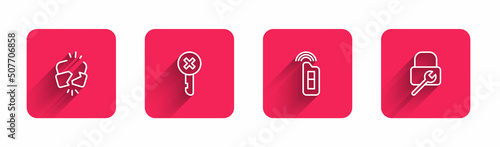 Set line Broken or cracked lock, Wrong key, Car with remote and Lock repair with long shadow. Red square button. Vector