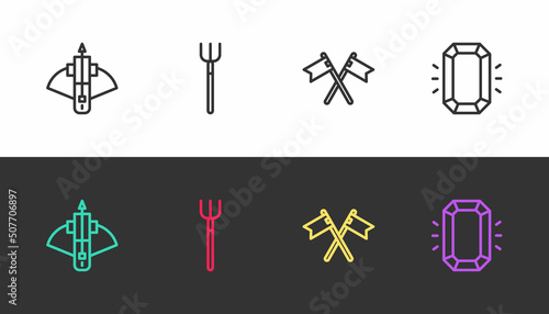 Set line Battle crossbow with arrow, Garden pitchfork, Crossed medieval flag and Diamond on black and white. Vector
