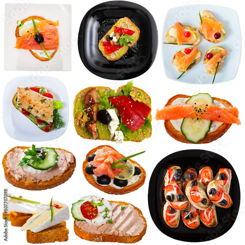 Collage of various sandwiches on a white background. High quality photo