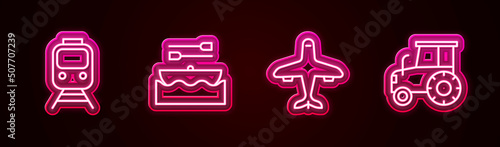 Set line Train and railway, Boat with oars, Plane and Tractor. Glowing neon icon. Vector
