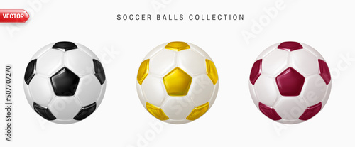 Soccer Ball. Soccer Balls Set realistic 3d design style. Leather texture golden, maroon and black with white colors. Sports design elements mockup isolated on white background. 3d Vector