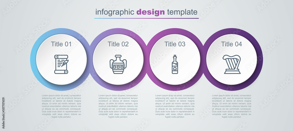 Set line Decree, parchment, scroll, Ancient amphorae, Bottle of wine and Harp. Business infographic template. Vector