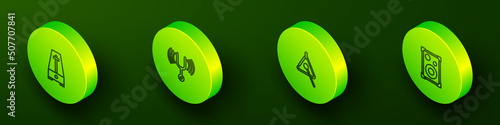 Set Isometric line Metronome with pendulum, Musical tuning fork, Triangle and Stereo speaker icon. Vector
