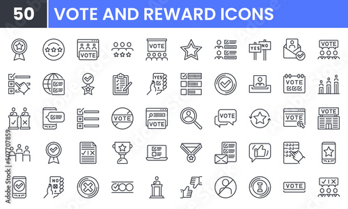 Vote and Reward vector line icon set. Contains linear outline icons like Rating, Poll, Survey, Check, Democracy, Debate, Congress, Referendum, Star, Choice, Election. Editable use and stroke for web.