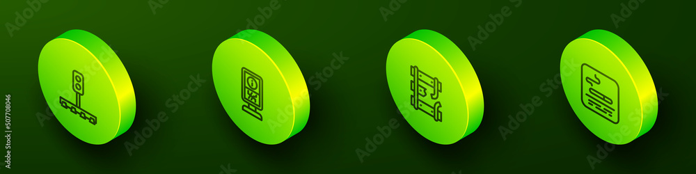 Set Isometric line Train traffic light, Information stand, Broken rails railway and Smoking area icon. Vector Set Isometric line Train traffic light, Information stand, Broken rails railway and Smoking area icon. Vector