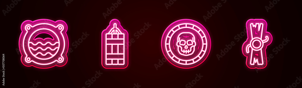 Set line Ship porthole with seascape, Dynamite bomb, Pirate coin and Decree, parchment, scroll. Glowing neon icon. Vector Set line Ship porthole with seascape, Dynamite bomb, Pirate coin and Decree, parchment, scroll. Glowing neon icon. Vector