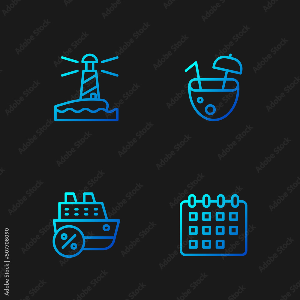 Set line Calendar, Cruise ship, Lighthouse and Coconut cocktail. Gradient color icons. Vector Set line Calendar, Cruise ship, Lighthouse and Coconut cocktail. Gradient color icons. Vector