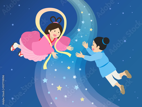 織姫と彦星（背景あり）_七夕イメージ_ベクターイラスト