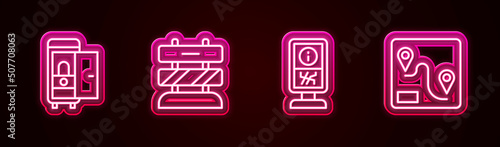 Set line Toilet in the train car, End of railway tracks, Information stand and Route location. Glowing neon icon. Vector