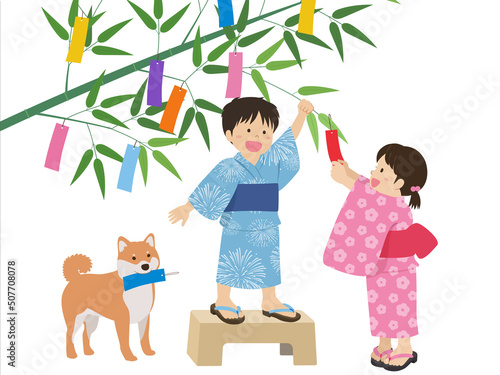 短冊を飾る子どもたち_七夕イメージ_ベクターイラスト