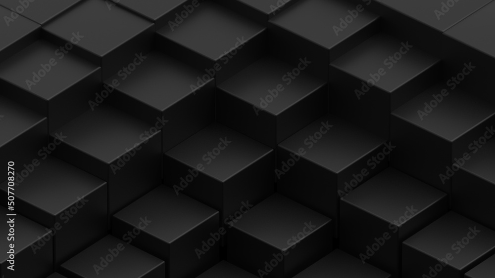 Obraz premium Abstract background with waves made of a lot of black cubes geometry primitive forms that goes up and down under black-white lighting. 3D illustration. 3D CG. High resolution.