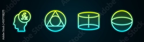 Set line Function mathematical symbol, Triangle, Geometric figure Cylinder and Sphere. Glowing neon icon. Vector