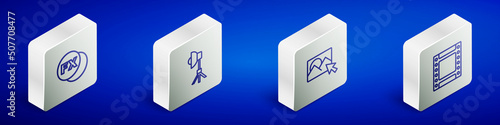 Set Isometric line Photo camera fx, Softbox light, retouching and Camera roll cartridge icon. Vector