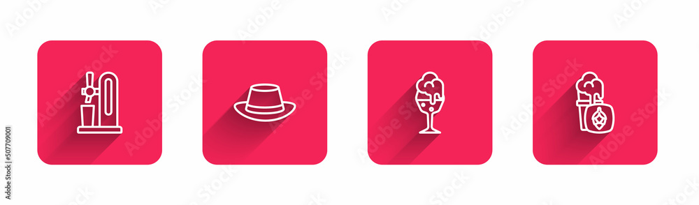 Set line Beer tap with glass, Oktoberfest hat, Glass of beer and with long shadow. Red square button. Vector Set line Beer tap with glass, Oktoberfest hat, Glass of beer and with long shadow. Red square button. Vector