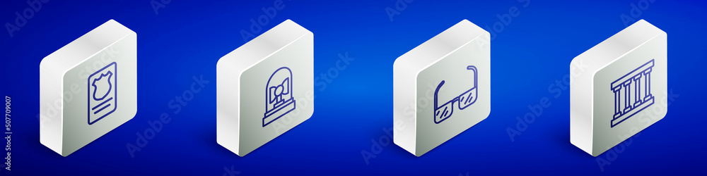 Set Isometric line Police badge with id case, Flasher siren, Safety goggle glasses and Prison window icon. Vector Set Isometric line Police badge with id case, Flasher siren, Safety goggle glasses and Prison window icon. Vector