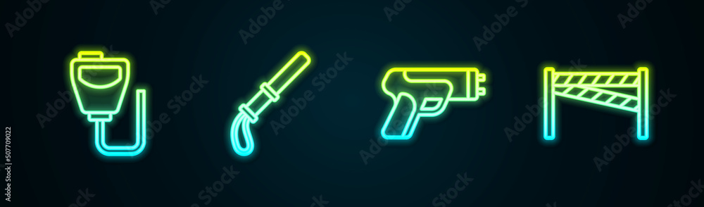 Set line Walkie talkie, Police rubber baton, electric shocker and Crime scene. Glowing neon icon. Vector Set line Walkie talkie, Police rubber baton, electric shocker and Crime scene. Glowing neon icon. Vector