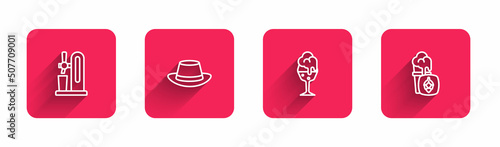 Set line Beer tap with glass, Oktoberfest hat, Glass of beer and with long shadow. Red square button. Vector