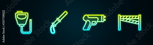 Set line Walkie talkie, Police rubber baton, electric shocker and Crime scene. Glowing neon icon. Vector