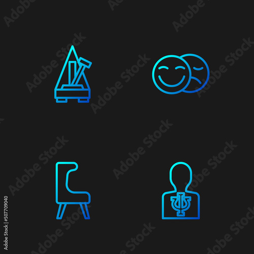 Set line Psychology, Psi, Armchair, Metronome with pendulum and Comedy and tragedy masks. Gradient color icons. Vector