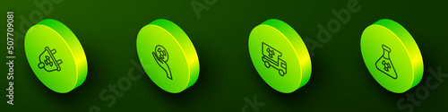 Set Isometric line Radiation electrical plug, Radioactive, Truck with radiation materials and Test tube icon. Vector