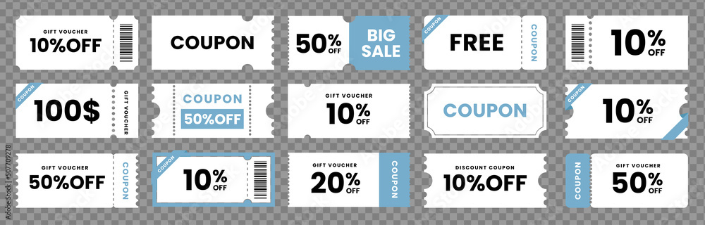 Various coupon promotion illustration set. coupon set, coupons, discount coupon, gift voucher, coupon book. Vector drawing. Hand drawn style - obrazy, fototapety, plakaty 