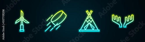 Set line Wind turbine, Hockey puck, Indian teepee or wigwam and Deer antlers. Glowing neon icon. Vector