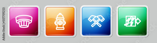 Set line Smoke alarm system, Fire hydrant, Firefighter axe and exit. Colorful square button. Vector