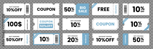Various coupon promotion illustration set. coupon set, coupons, discount coupon, gift voucher, coupon book. Vector drawing. Hand drawn style photo