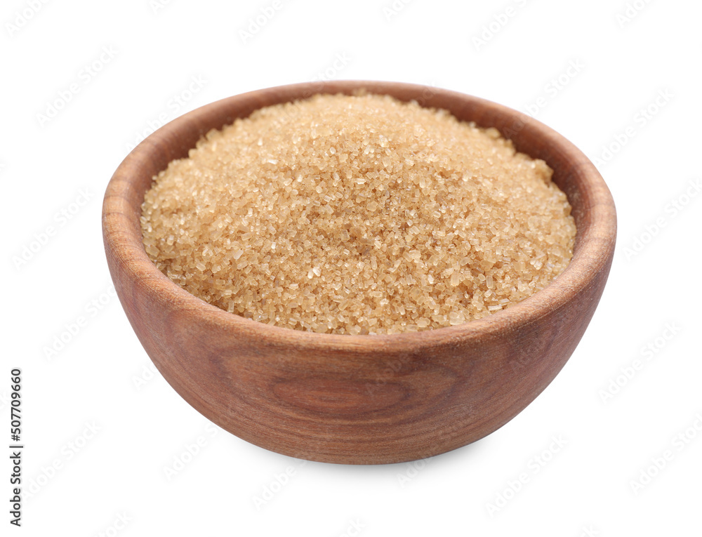Brown sugar in wooden bowl isolated on white Brown sugar in wooden bowl isolated on white