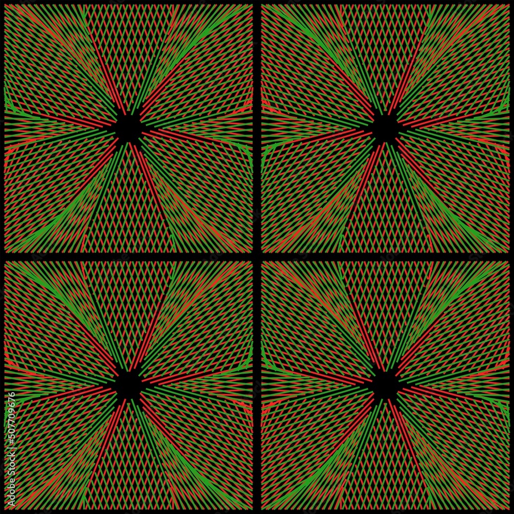 Abstract illustration featuring a repeated pattern made of overlapping red and green lines on a black background