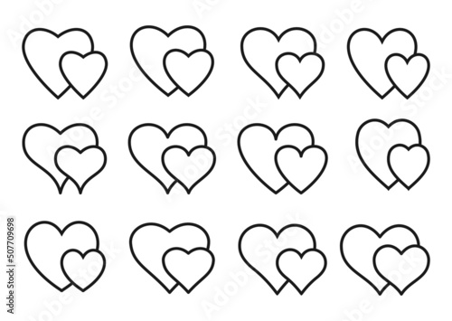 Hearts icons set. Line double white elements wich text greeting wedding card. Romantic holiday symbol love Valentine Day. Heart decorative graphic design shape isolated vector illustration
