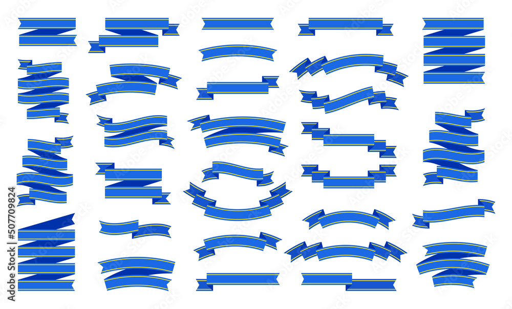 Ribbons blue with yellow border set. Vector element for decoration different configuration.Text banner sign. Decoration design element. Vintages flag colorful icon symbol isolated on white background Ribbons blue with yellow border set. Vector element for decoration different configuration.Text banner sign. Decoration design element. Vintages flag colorful icon symbol isolated on white background