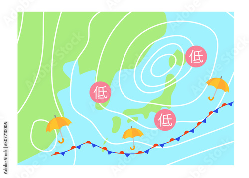 梅雨前線　雨と傘　天気図イラスト