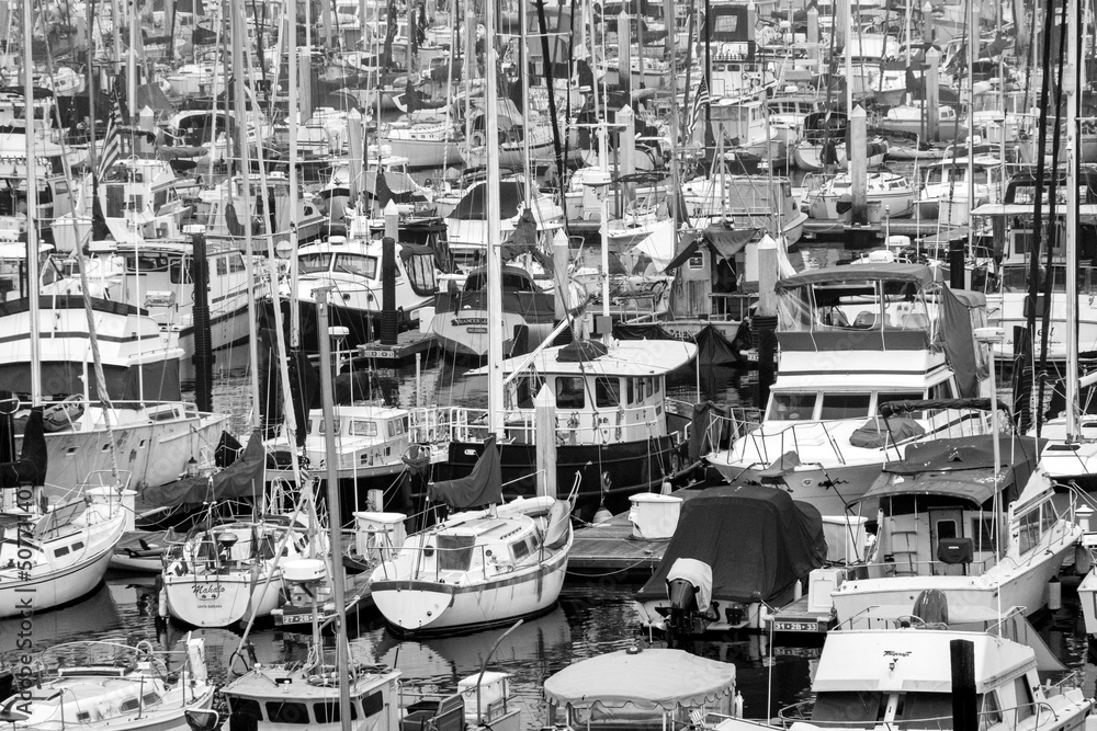 Dozens of boats moored at harbor in Santa Barbara, creating abstract pattern of masts and hulls. Black and white