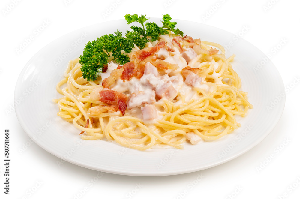 Spaghetti carbonara isolated on white background, Spaghetti carbonara with Crispy Bacon and Ham on white With clipping path.	
