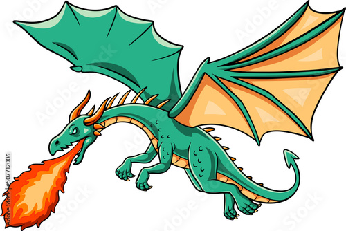 Cartoon green dragon spitting fire #507712006