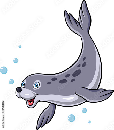 Cartoon seal swimming on white background
