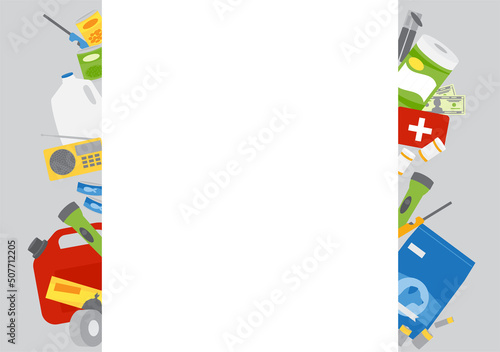 A group of emergency supplies, hurricane and disaster preparedness items behind white copy space.
