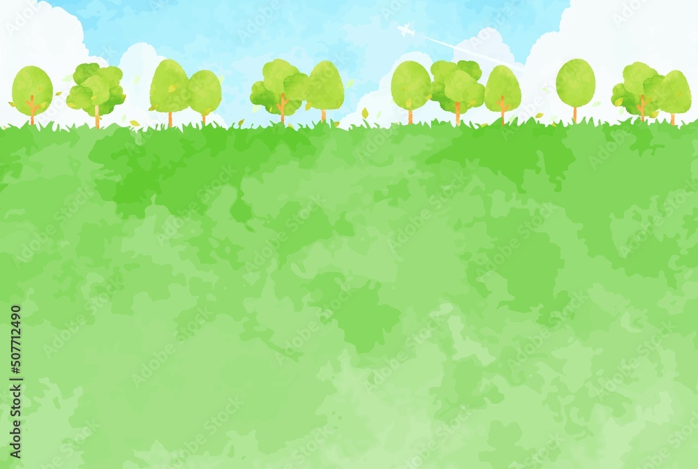 シンプルな木々と草原の風景イラスト