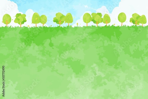 シンプルな木々と草原の風景イラスト