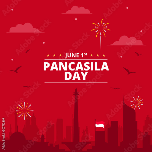 Pancasila Day 1 June with City Skyline, Fireworks, and Bird Vector Illustration photo