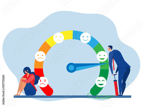 woman on the mood scale,Emotion overload, burnout and fatigue from work. Stress level meter gauge emotion stages.concept vector illustrator