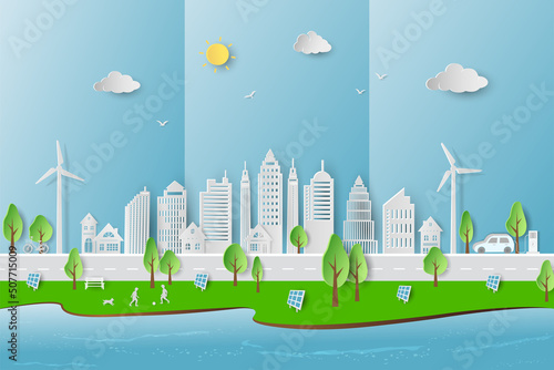 Eco friendly and green energy concept with eco city on paper art style