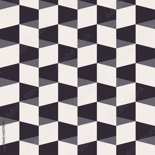 Vector isometric square box shape black and white color background. Dimensional checkered seamless pattern design. Use for fabric, textile, interior decoration elements, upholstery, wrapping.