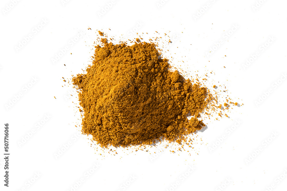 Heap of curry powder isolated in a pile isolated on white background Top View Flat Lay Heap of curry powder isolated in a pile isolated on white background Top View Flat Lay